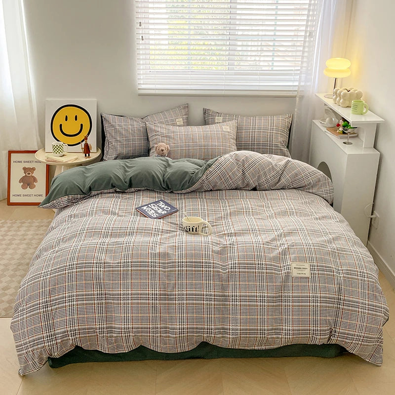 Nordic Plaid Pattern Wash Cotton Bedding Set - Duvet Cover, Pillowcase, Bed Sheet Set, Comforter Cover, Queen & King Size 