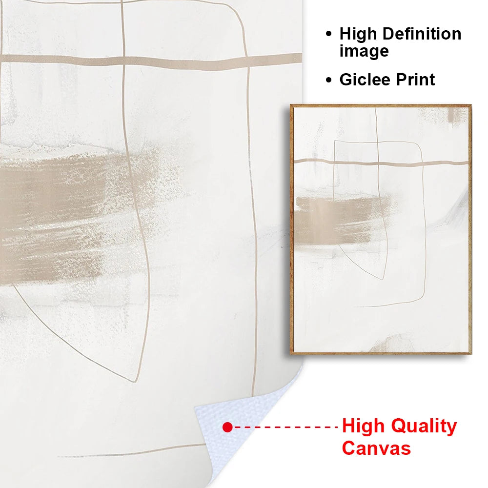 Minimalist Contemporary Abstract Line Art Print - Beige Neutral Brush Stroke Canvas Painting for Gallery Wall Decor 