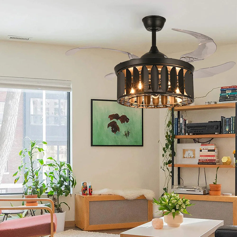 American Industrial Retro Ceiling Fan Lamp – Creative Black Invisible Fan Chandelier, for Living Room and Dining Room