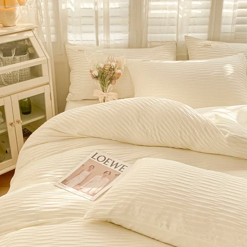 Seersucker Bedding Set – Queen Bed Sheet Set with Duvet Cover, Flat Sheets, and Pillowcases, Soft Comforter Cover in Nordic Style 