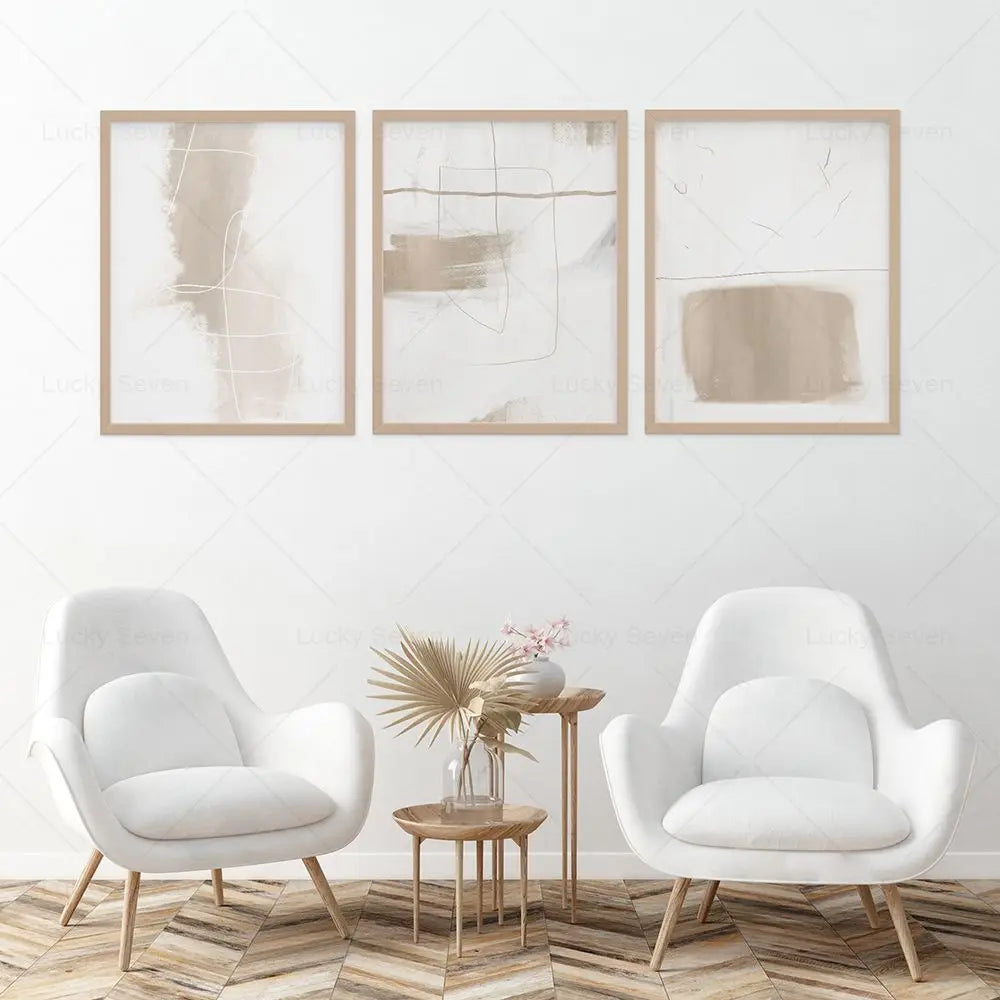Minimalist Contemporary Abstract Line Art Print - Beige Neutral Brush Stroke Canvas Painting for Gallery Wall Decor 