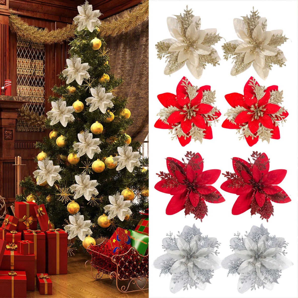 5/10pcs Glitter Artificial Christmas Flowers Red Gold Poinsettia Flower Head Xmas Tree Ornaments Decoration Home New Year Decor