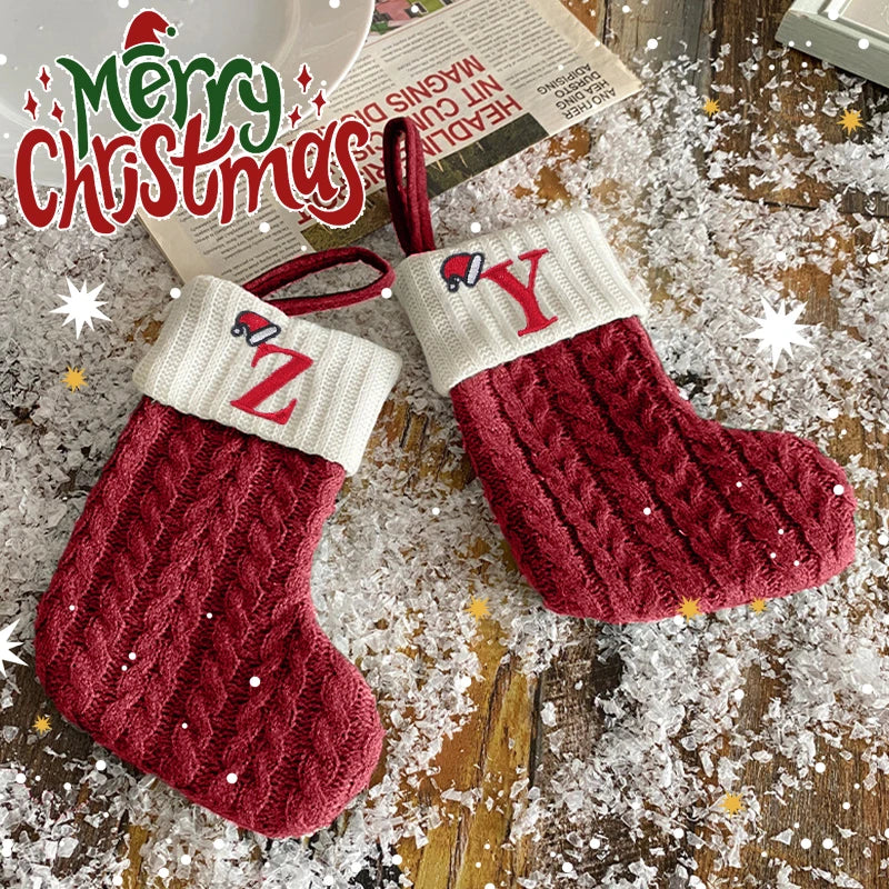 Christmas Stockings Knitting English Letters Christmas Socks Shaped Gifts Ornament New Year Santa Claus Gift Atmosphere Decor