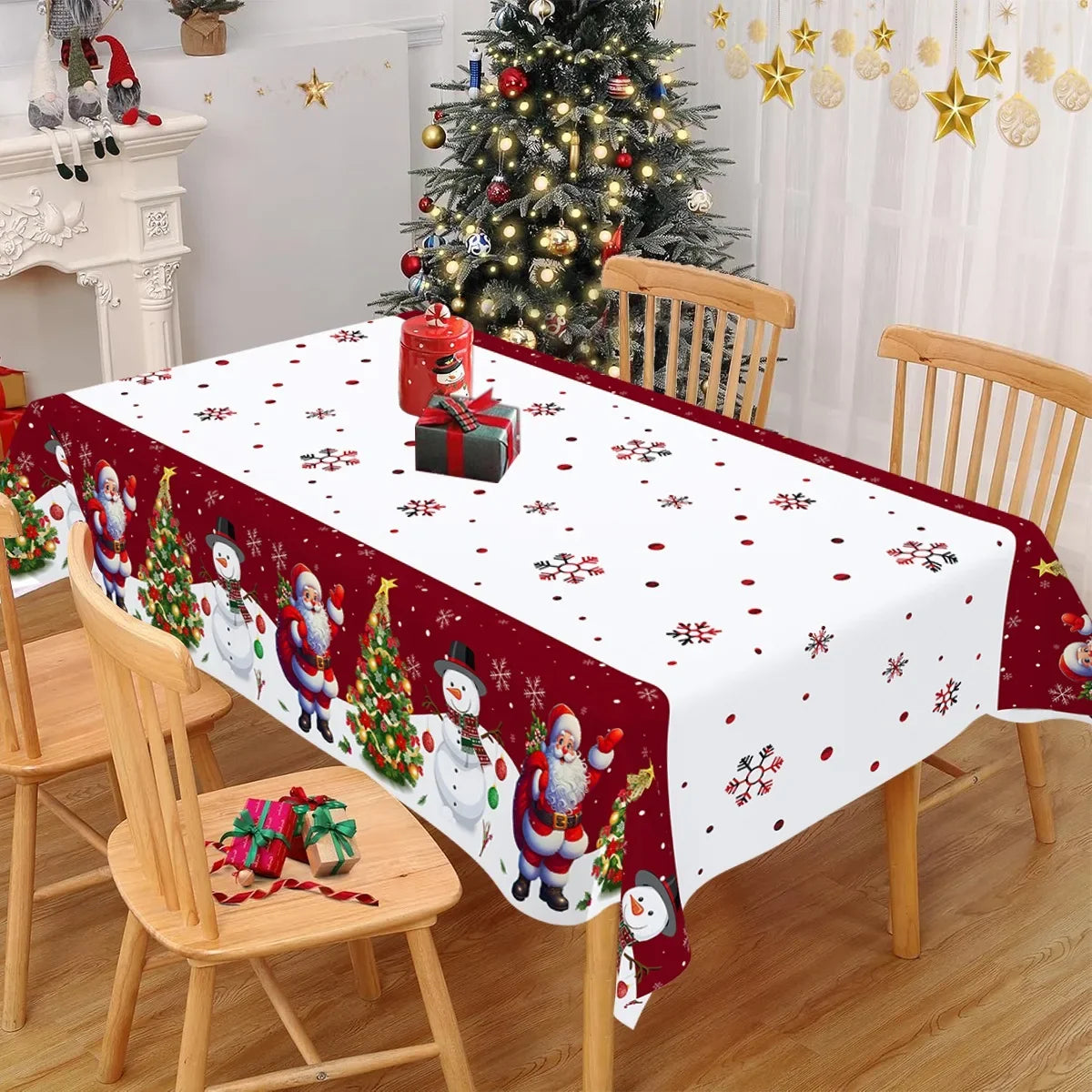 Christmas Tablecloth Santa Snowman Xmas Table Cover Christmas Decorations for Home 2024 Navidad Noel Gifts Dining Table Decor