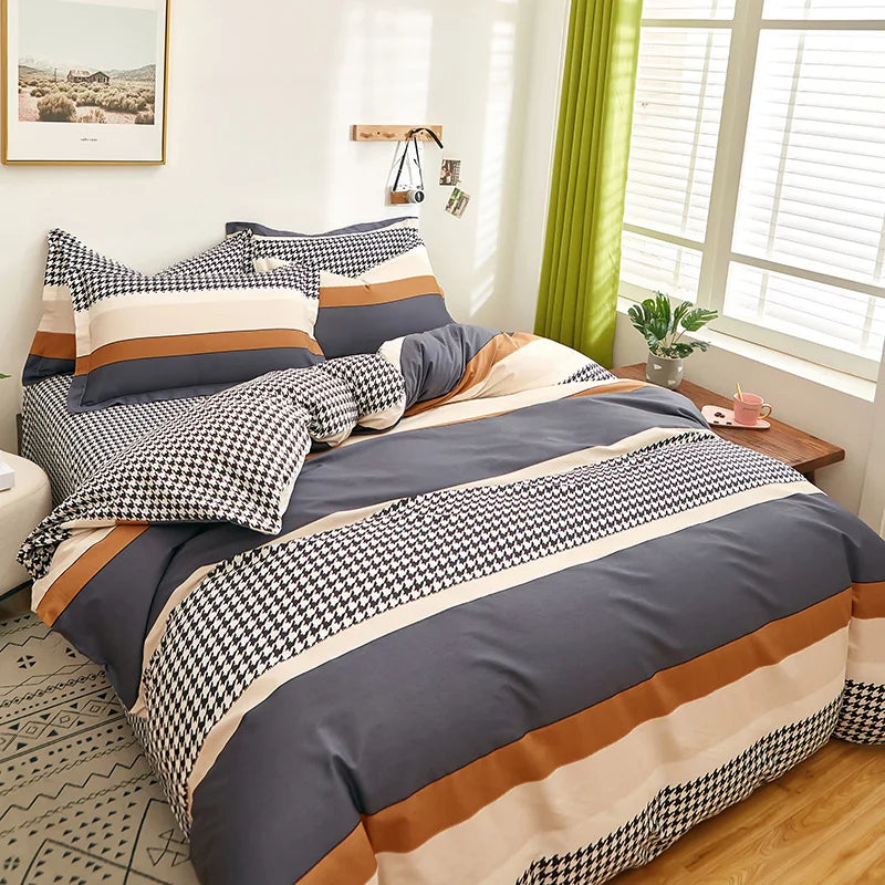 3PCS Stripe Duvet Cover Set – 100% Cotton, Geometric Pattern, Queen/King Size, Reversible Comforter Cover with Pillowcases 