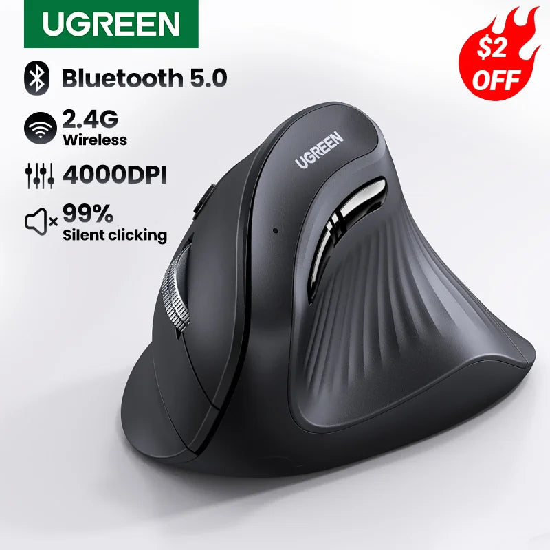 UGREEN Vertical Mouse – Wireless Bluetooth 5.0 & 2.4G, Ergonomic Design, 4000 DPI, 6 Mute Buttons, Compatible with MacBook, Tablets, Laptops, and PCs