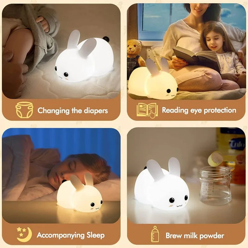 LED Rabbit Night Light with Remote Control - Dimmable RGB Silicone Bunny Lamp, Rechargeable, Touch Sensor, Ideal for Children and Babies 