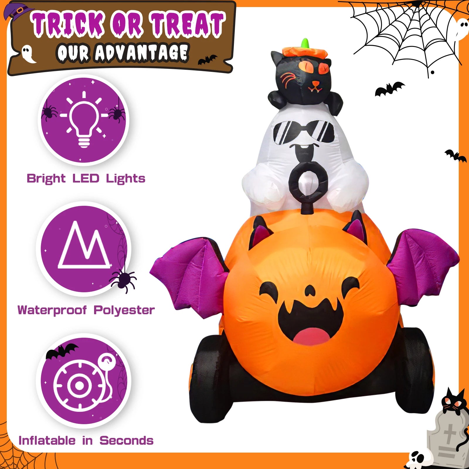 OurWarm 6 FT Height Halloween Inflatables Outdoor Ghost with Pumpkin Cart, Blow Up Yard Decoration with LED Lights Built-in