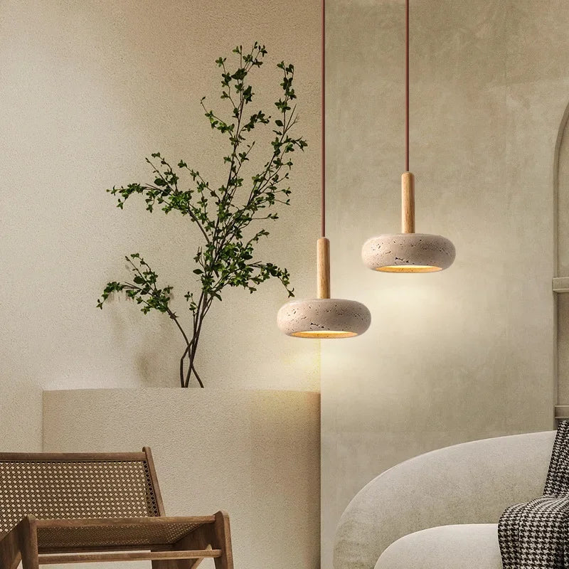 Japanese Style Stone Pendant Light - Travertine Suspension Ceiling Hanging Lamp for Kitchen Island & Living Room 