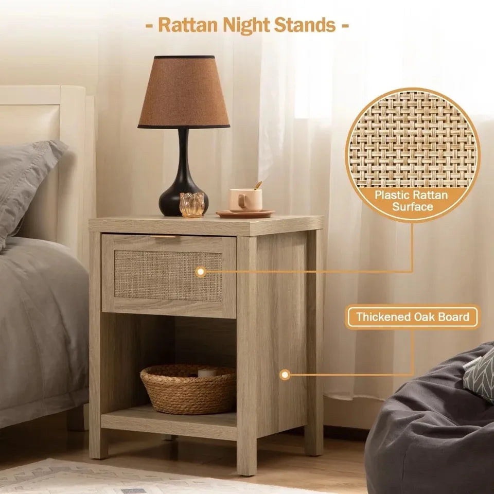 Rattan Nightstand Bedside Table – Natural Boho End Table with Drawer and Storage Shelf