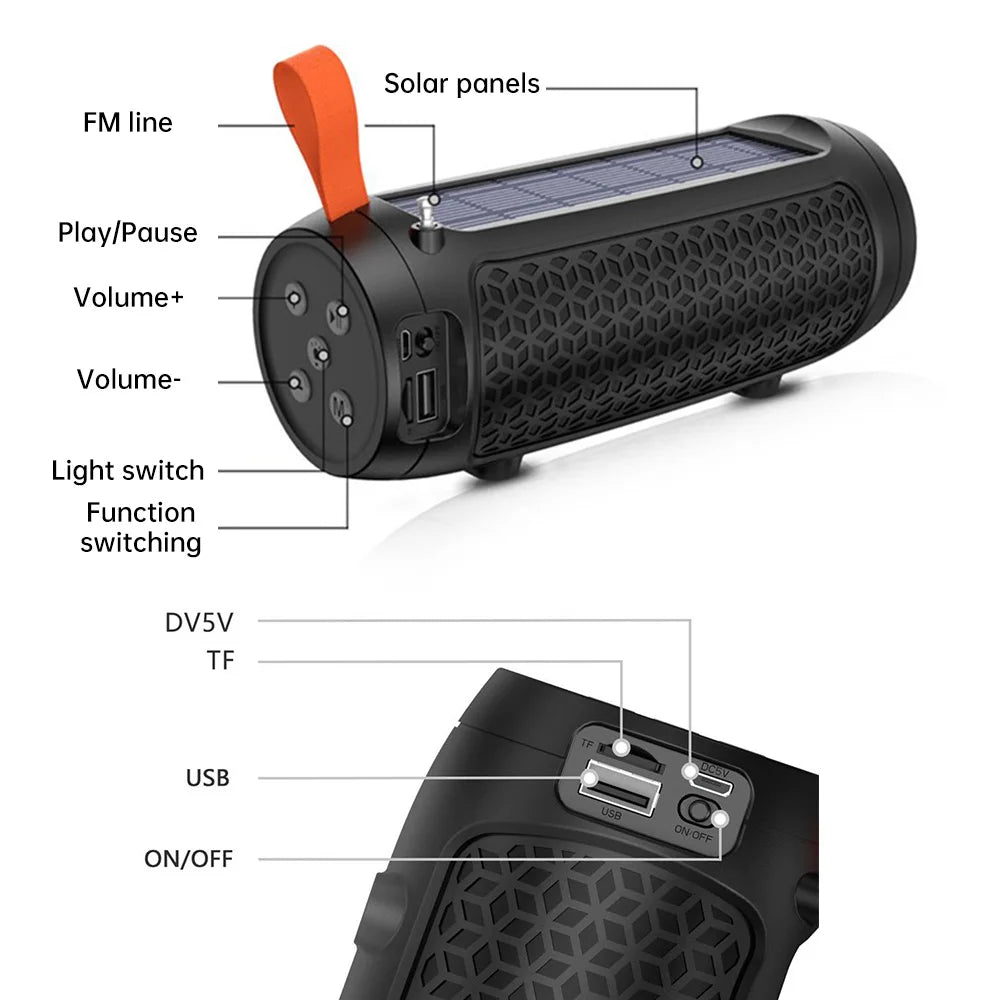 Portable Solar Charging Wireless Stereo Speaker - Outdoor Music Box with Flashlight, Bluetooth-Compatible, TF Card Slot, FM Radio