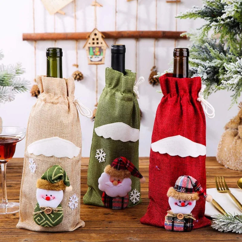 Creative Christmas Wine Bottle Set Golden Velvet Dress Wine Bottle Covers Sleeve Santa Snowman Xmas New Year Dinner Table Decor