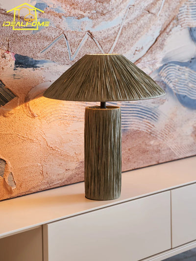 Japanese Wabi-Sabi Vintage Raffia Table Lamp - LED E27 Art Decorative Desk Light for Bedside, Bedroom, Living Room 