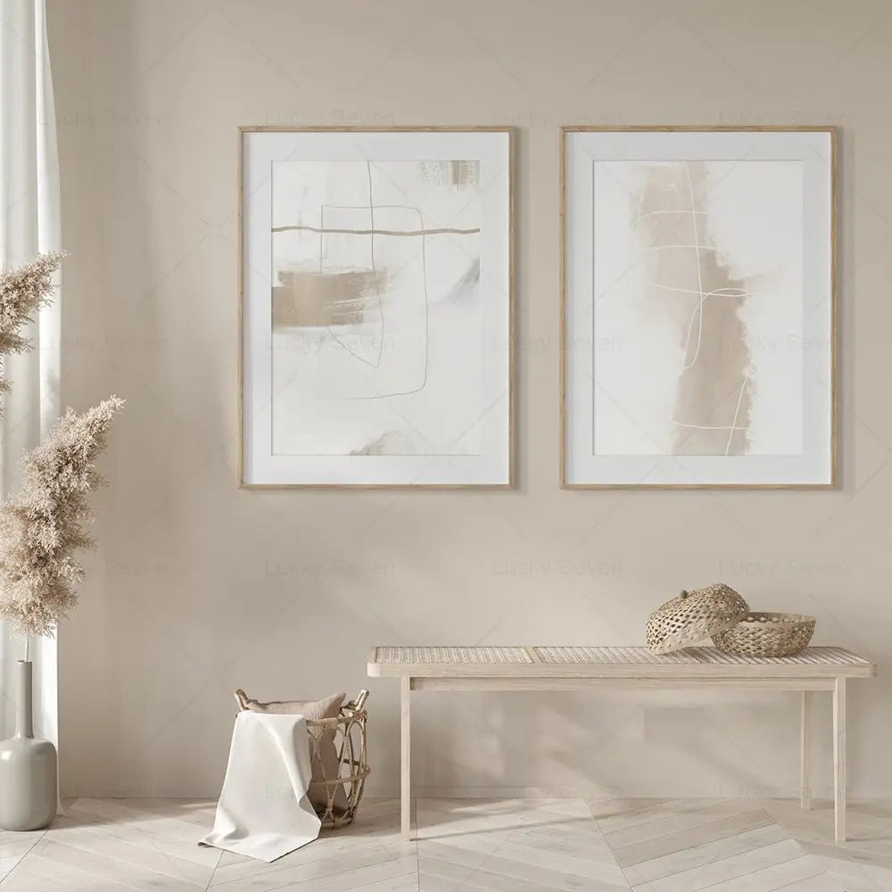 Minimalist Contemporary Abstract Line Art Print - Beige Neutral Brush Stroke Canvas Painting for Gallery Wall Decor 