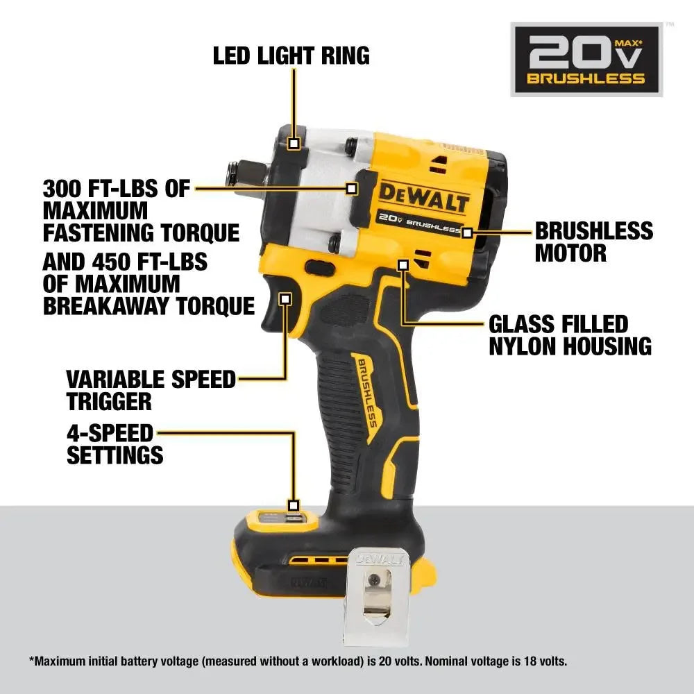 DEWALT DCF921 ATOMIC™ 1/2in Brushless Cordless Impact Wrench – With Hog Ring Anvil, 20V Lithium Power Tool, Bare Tool