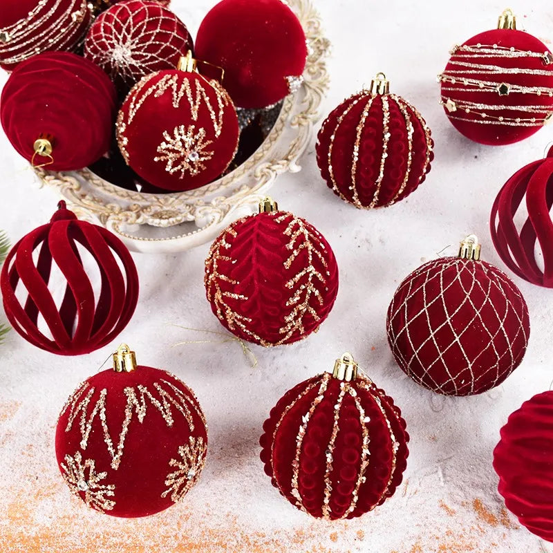 8cm Christmas Burgundy Velvet Balls Flocked Christmas Hanging Ornaments Wine Red Balls Wedding Anniversary Party Xmas Tree Decor