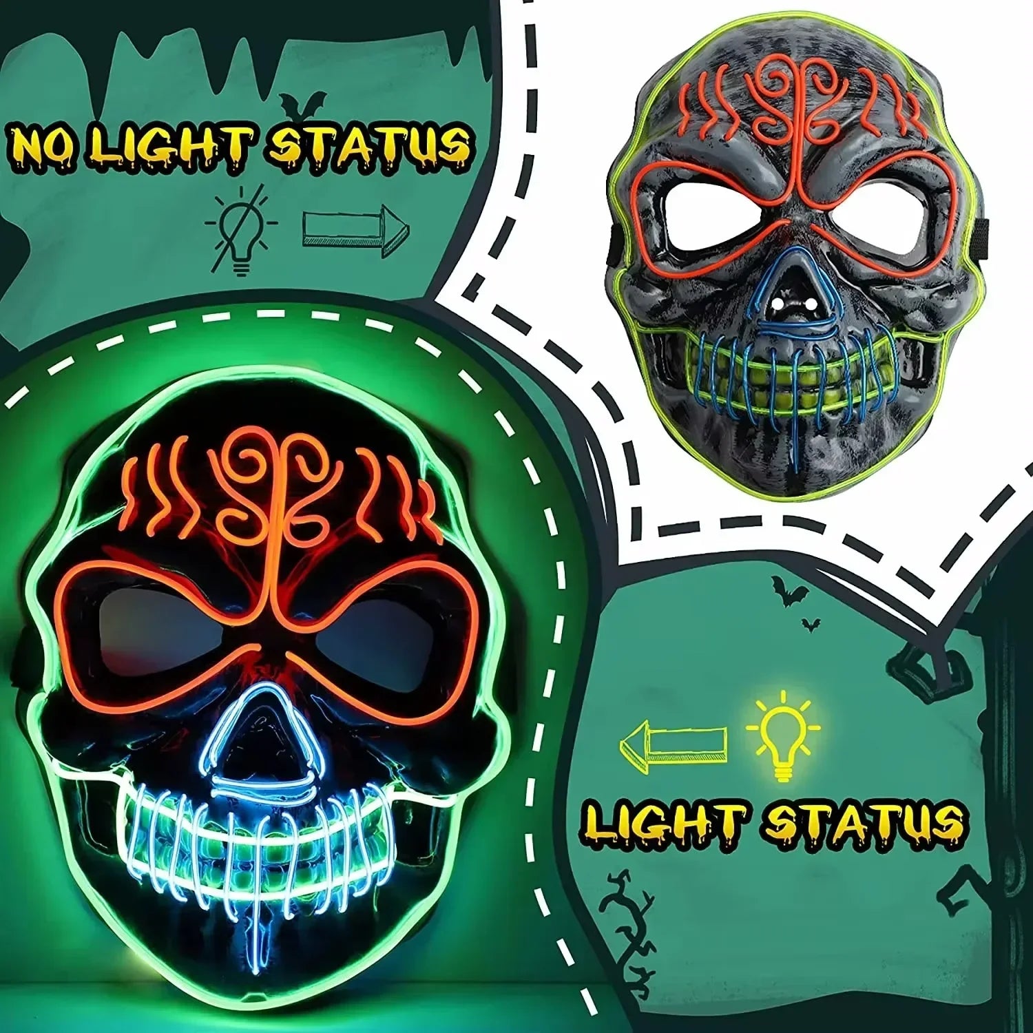 2024 Halloween Horror Skull Head Mask Cosplay Scary Skeleton Disguise Mask Light Up Luminous LED Party Mask Glowing