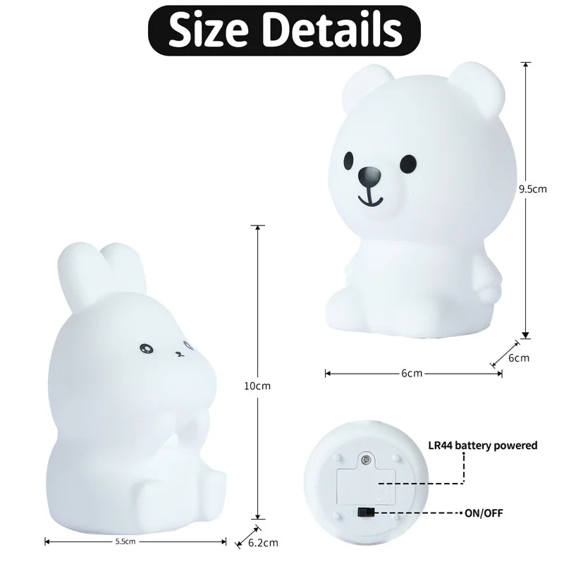 Children's Night Light – Cute Rabbit and Bear Mini Soft Silicone Lamp, Colorful Battery-Powered Desktop Decor, Kid's Christmas Gift 