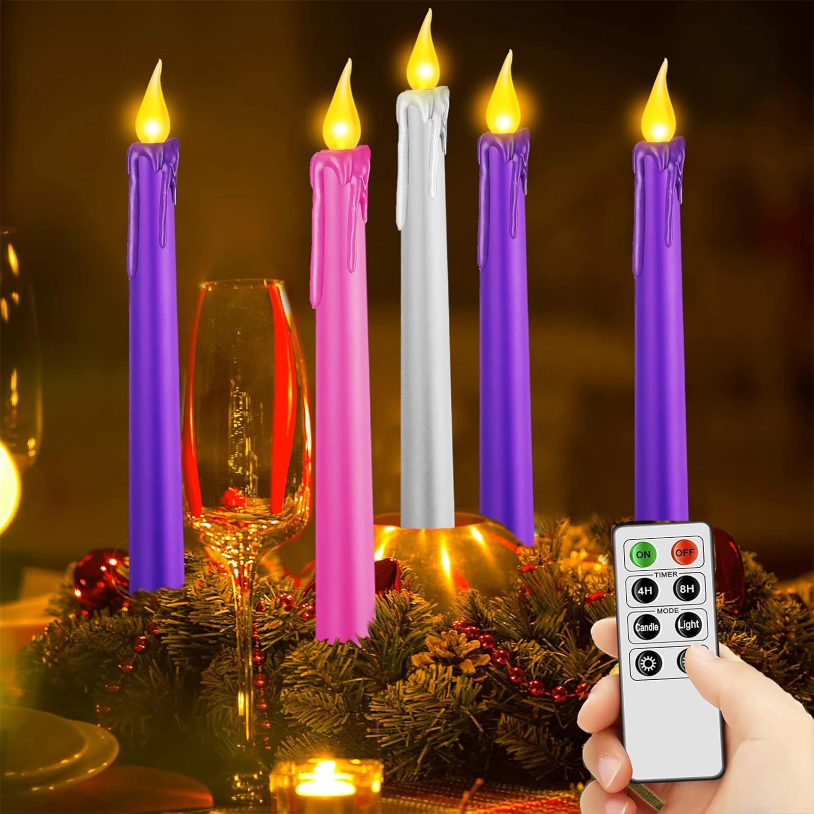 4-10pcs LED Flameless Advent Candles  Taper Candles With Remote Control  for Christmas Advent Rituals Casting Chimes Spells