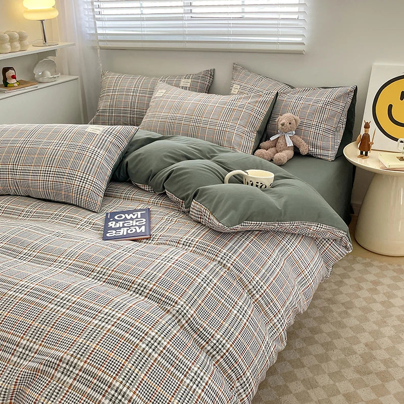 Nordic Plaid Pattern Wash Cotton Bedding Set - Duvet Cover, Pillowcase, Bed Sheet Set, Comforter Cover, Queen & King Size 