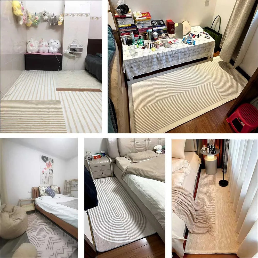 Short Haired Bedside Carpet Soft Non-slip Rectangular Bedroom Rugs Fluffy Plush Striped Bedroom Carpet Machine Washable Carpet