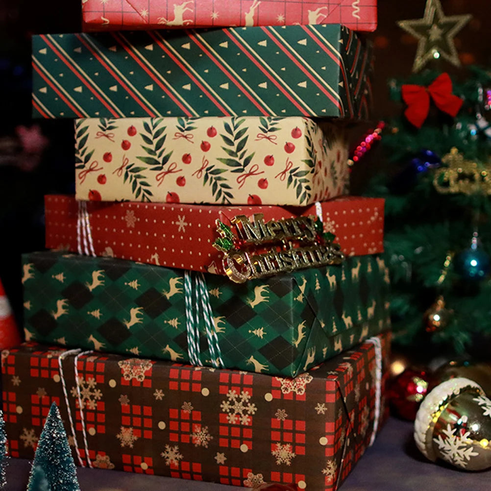 8Pcs Christmas Wrapping Paper DIY Craft Supplies Stripe Gift Yellow Kraft Xmas Present Wrapping Home Festive Party Decoration 