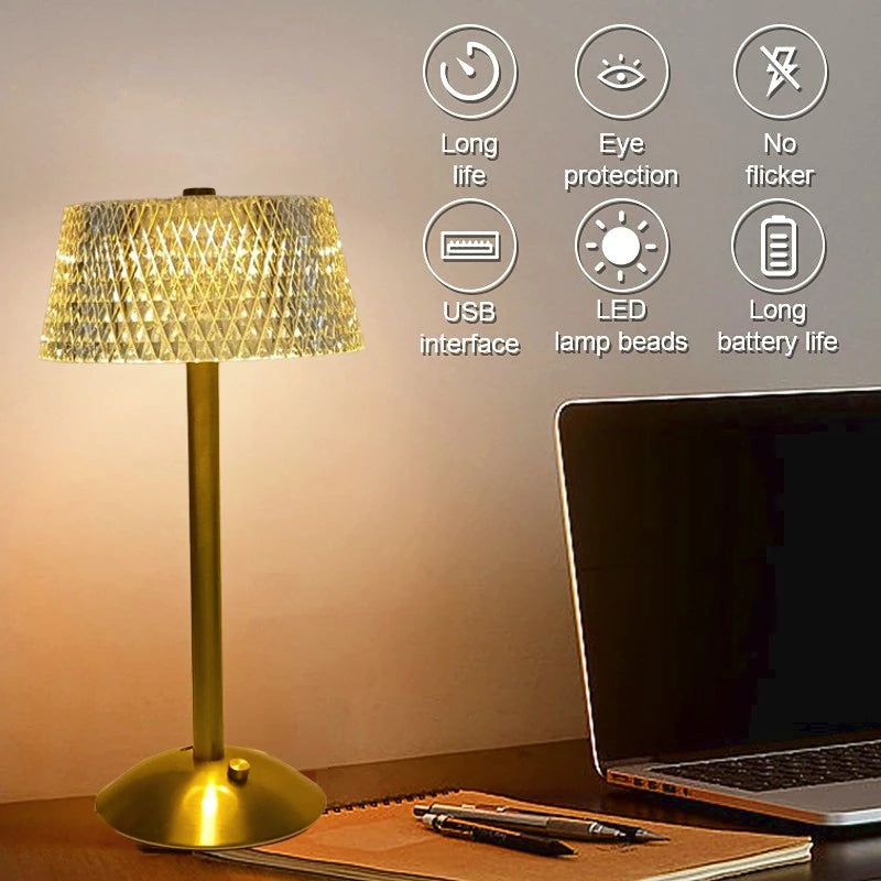 Crystal Table Lamps – Diamond Retro LED Bar Desk Light, USB Rechargeable, Eye Protection Night Light for Bedroom, Hotel, Office, Wedding