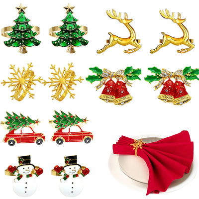 12Pcs Mixed Christmas Napkin Rings Xmas Tree Snowflake Car Wreath Bell Snowman Deer Napkin Holder for Christmas Party Table Deco 