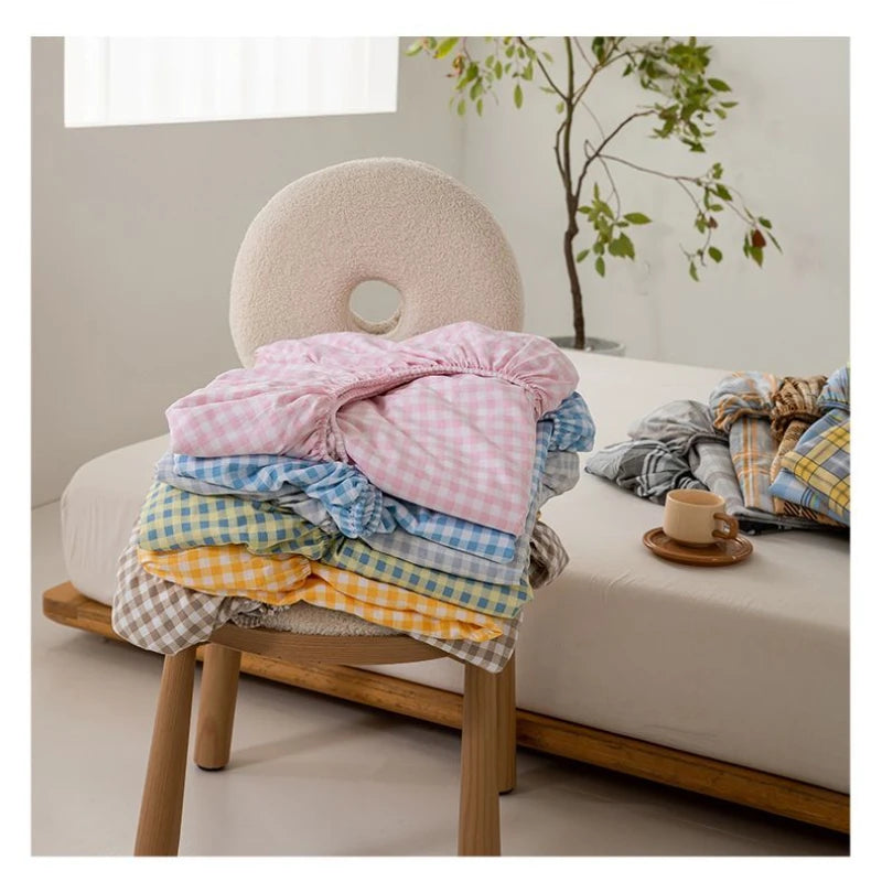 Korea Style Checkered Fitted Sheet - Single & Adult Couple, Washed Cotton Bed Cover, Mattress Protector, Fully Enclosed Package 