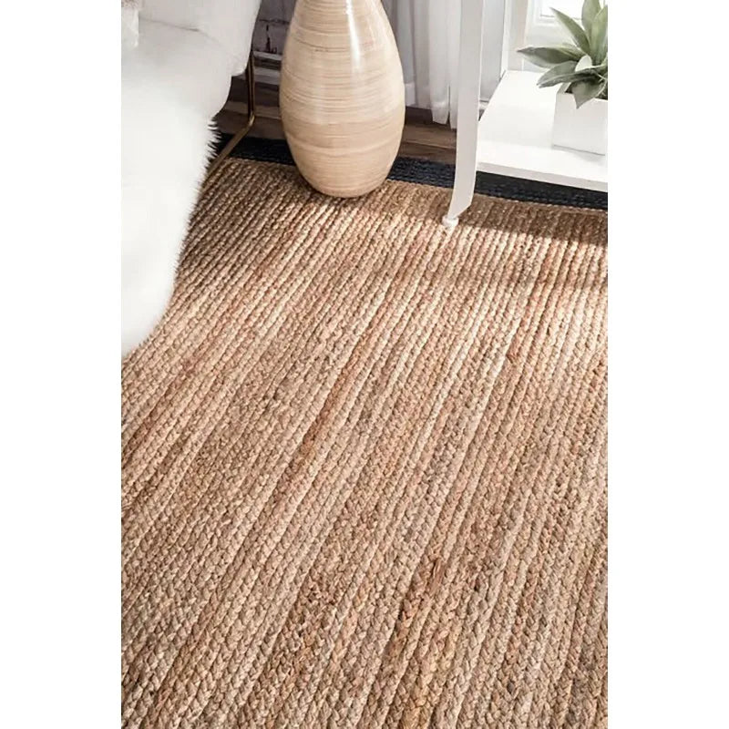 Area Rug Natural Jute Handmade Braided Carpet with Blue Strip Modern Runner Rug 
