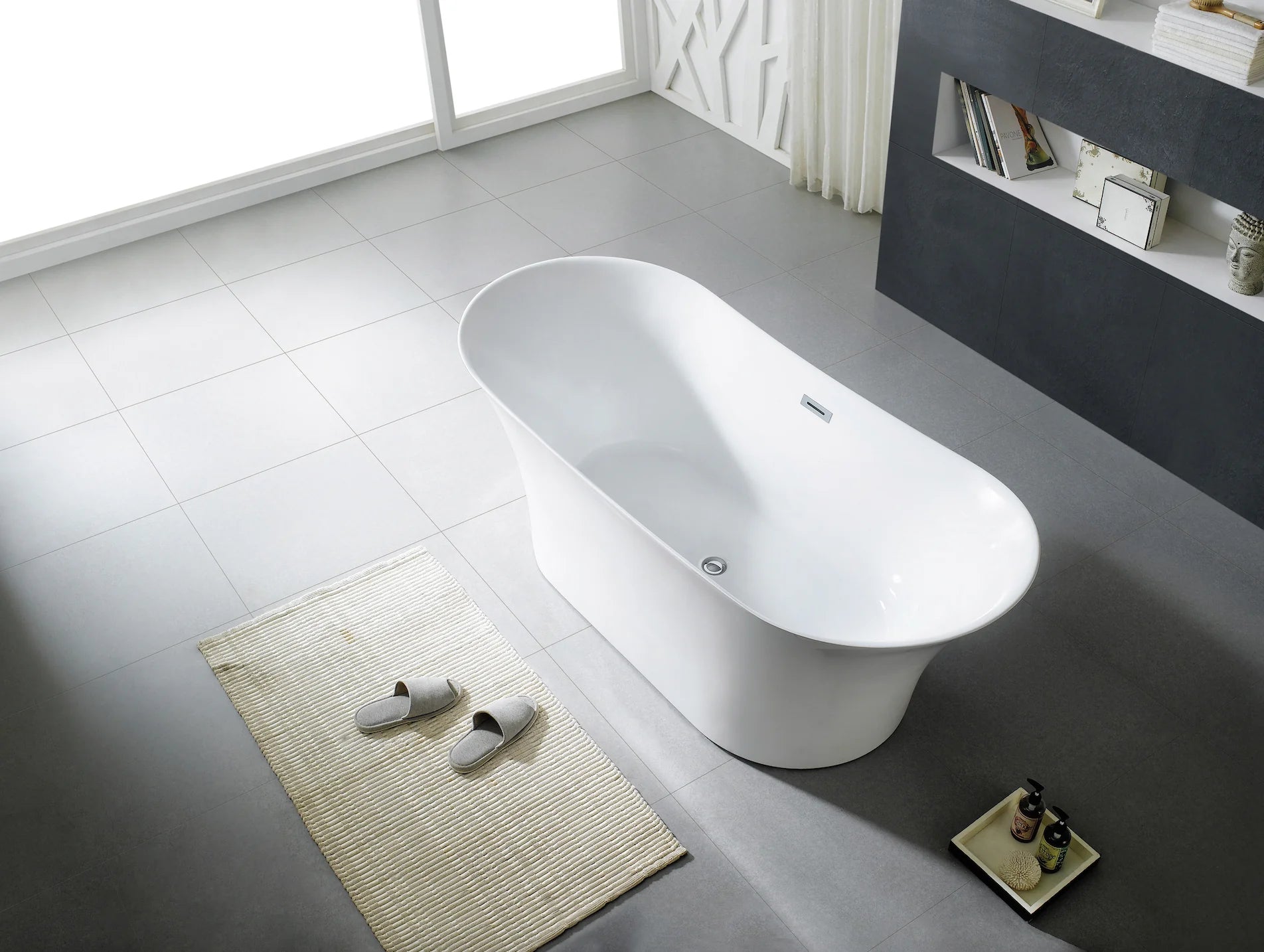 71" Acrylic Center Drain Oval Double Ended Flatbottom Freestanding Bathtub in Glossy White