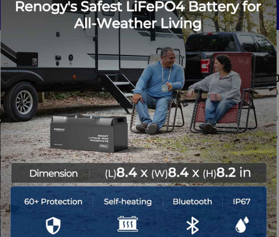 Pro- 12V 100Ah Smart Lithium Iron Phosphate Battery w/ Bluetooth & Self-Heating 