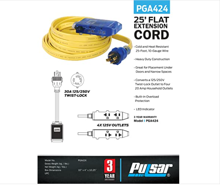 Pulsar PGA424 25 Ft. Generator Extension Cord for L14-30P to 4 5-20R with LED Indicator Yellow 