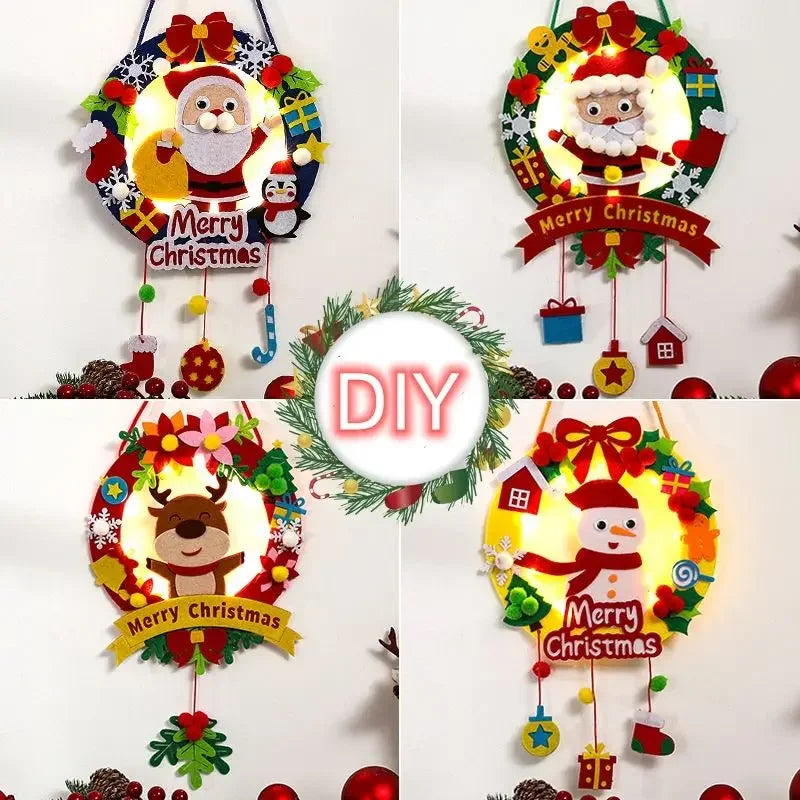 Christmas Wreath with Lights Snowman Elk Father Christmas Hanging Children Handmade Diy Christmas Tree Decoration Christmas Gift