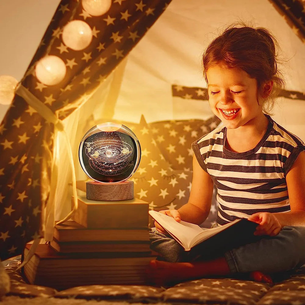 USB LED Night Light Galaxy Crystal Ball Table Lamp – 3D Planet and Moon Design, Bedroom Home Decor, Ideal for Kids, Parties, and Birthday Gifts