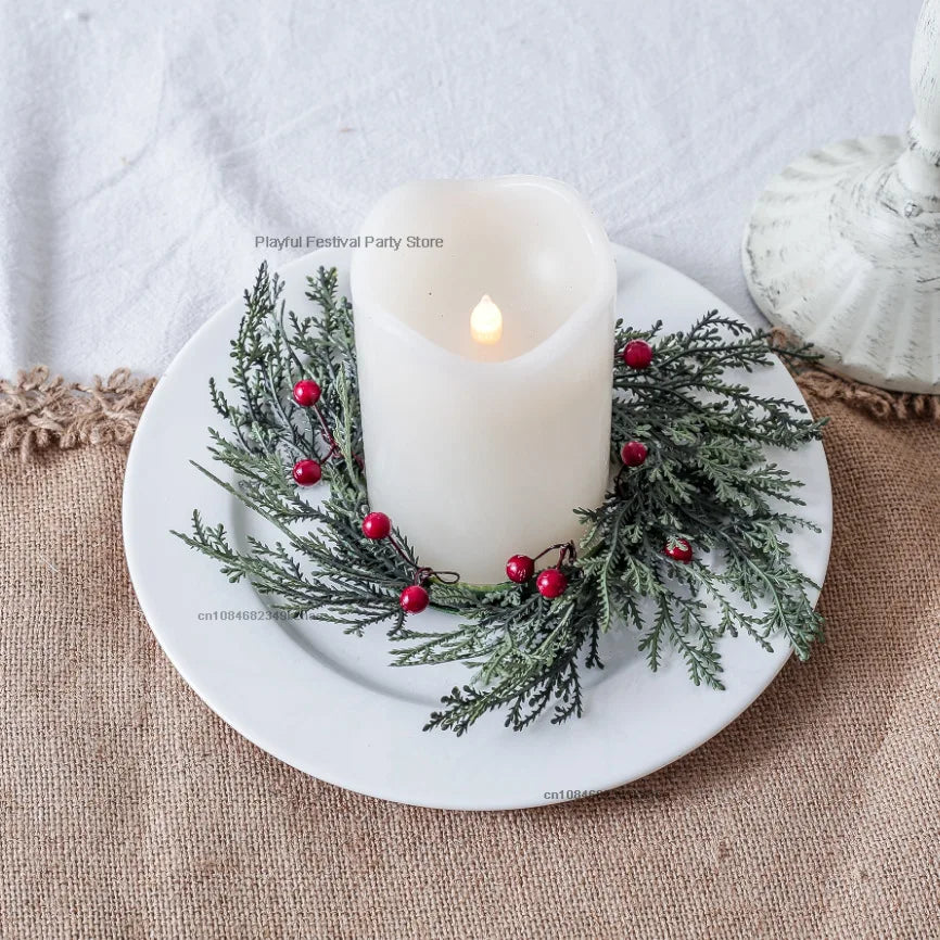 Pine Needle Candlestick Wreath for Christmas Table Decoration Artificial Leaves Candle Ring Candlestick Garland Home Decor