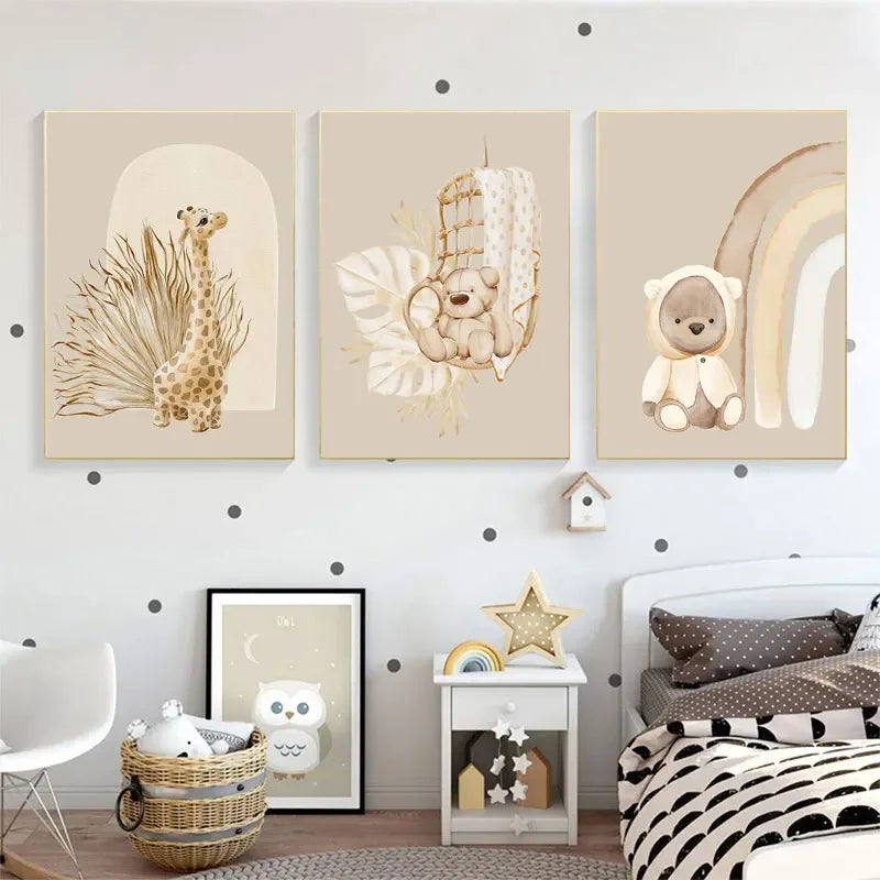Boho Wall Posters – Bear, Giraffe, Elephant Art Painting, Rainbow Wall Art Pictures, Nursery Nordic Art Prints for Baby Kids Room Decor 