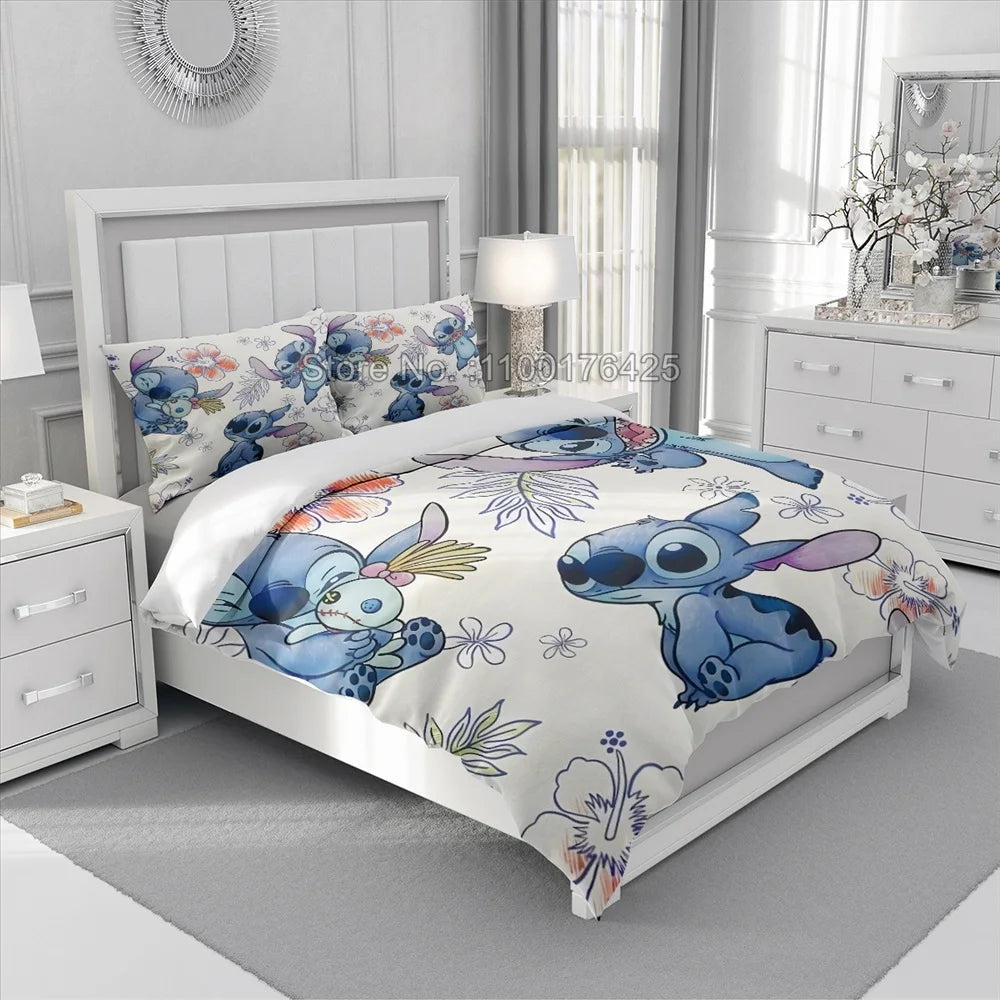 Anime Stitch Bedding Set – 3D Cartoon Printed Quilt Duvet Cover Set with Pillowcase, Comfortable for Kids' Bedroom, Home Decor 