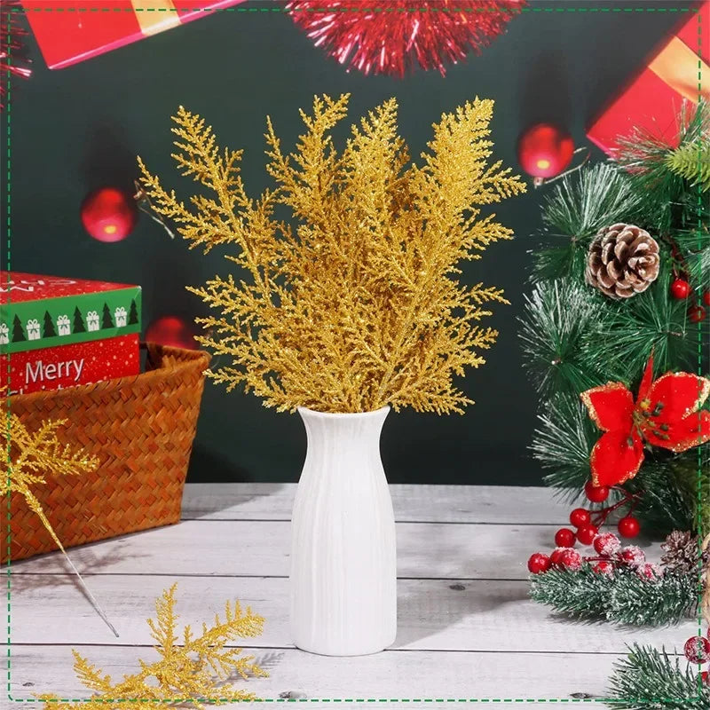 1-10pcs Artificial Pine Branches Xmas Tree Ornaments Glitter Gold Sequin Leaves Fake Plants Christmas Party Home Decor Supplies