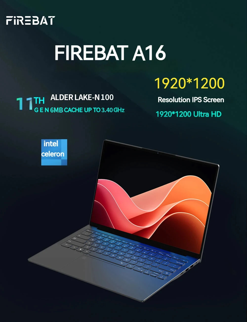 FIREBAT A16 16-Inch Ultra Slim Notebook with 100% sRGB, Intel N100/N5095, DDR4 16GB RAM, 1TB SSD, 1920x1200, Fingerprint Portable Laptop