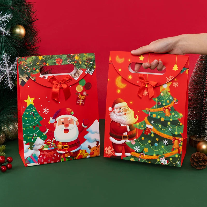 StoBag 5pcs New Christmas Paper Red Bag With Ribbon Candy Gift Bags  Wrapping Chocolate Desserts Snack Spring Festival Suppily 