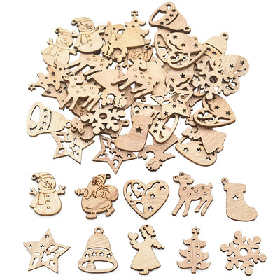 50Pcs Christmas Natural Wooden Chip Santa Claus Snowflake Christmas Tree Hanging Ornaments Pendant Navidad Decoration DIY Craft 