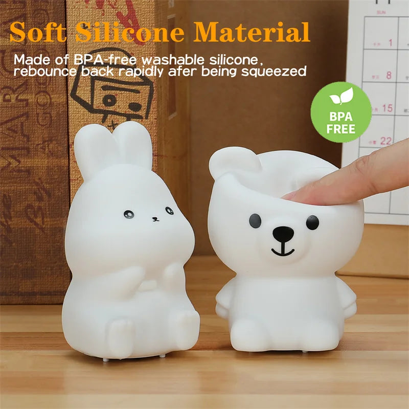 Children's Night Light – Cute Rabbit and Bear Mini Soft Silicone Lamp, Colorful Battery-Powered Desktop Decor, Kid's Christmas Gift 