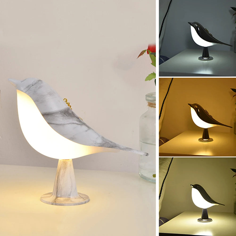 Modern Simple Magpie LED Bedside Lamp - Cordless Wooden Bird Night Light with Touch Control for Bedroom