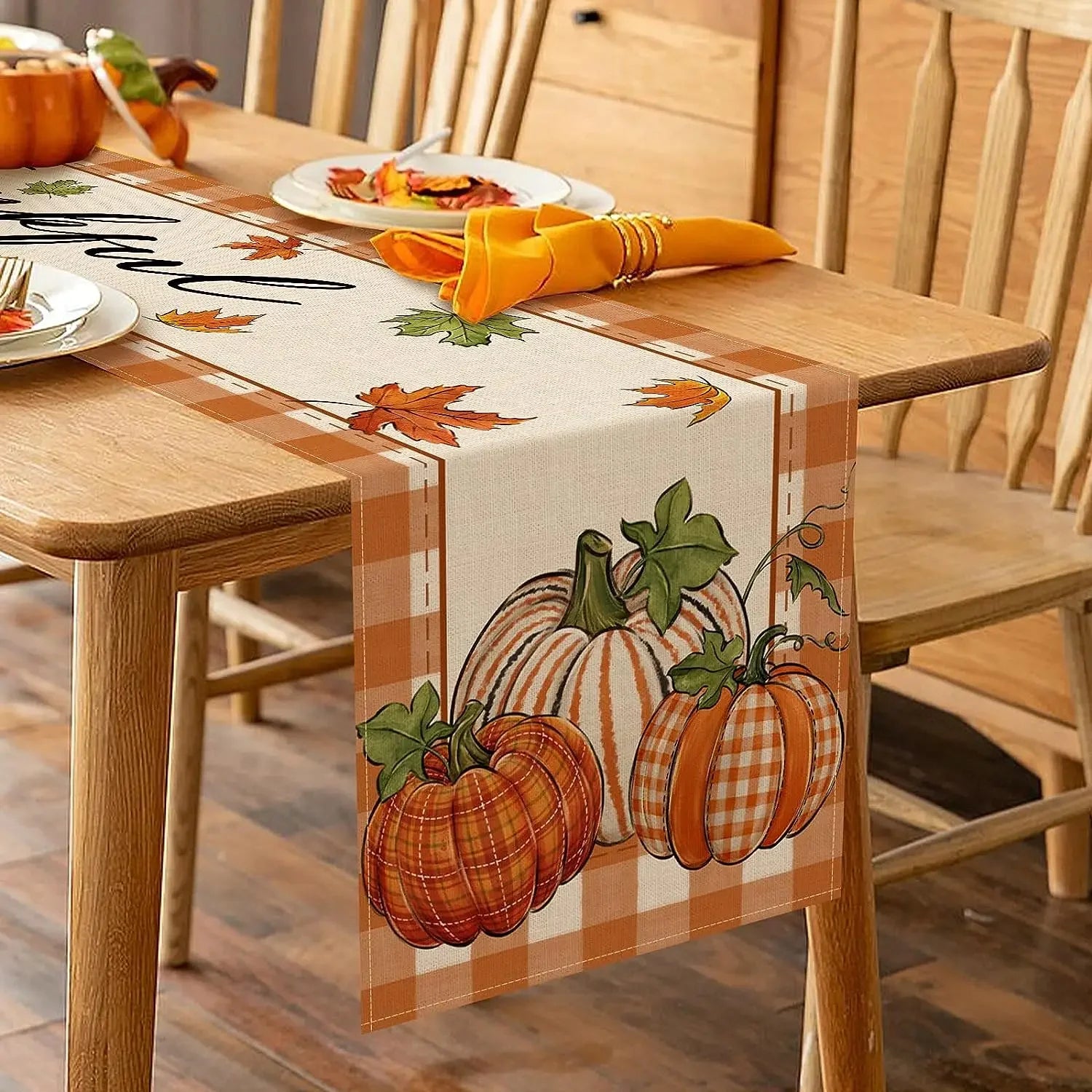 Fall Thanksgiving Pumpkin Maple Leaves Linen Table Runners Kitchen Table Decor Farmhouse Dining Table Runner Holiday Party Decor 