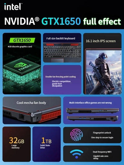 Oushedi 16.1-Inch Gaming Laptop Mini PC - Intel Core i9-10885H / i7-10750H, Nvidia GeForce GTX 1650 4GB, Windows 11 Ultrabook 