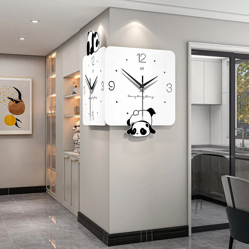 Living Room Panda Design Double-Sided Wall Clock - Creative Advanced Sense Corner Lamp Clock for Home Decoration