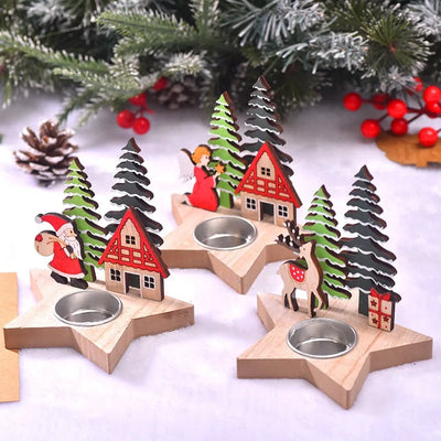 Christmas Wooden Candle Stand Desktop Decoration Santa Claus Reindeer Xmas Angel Candle Holder Noel Merry Christmas Ornaments 