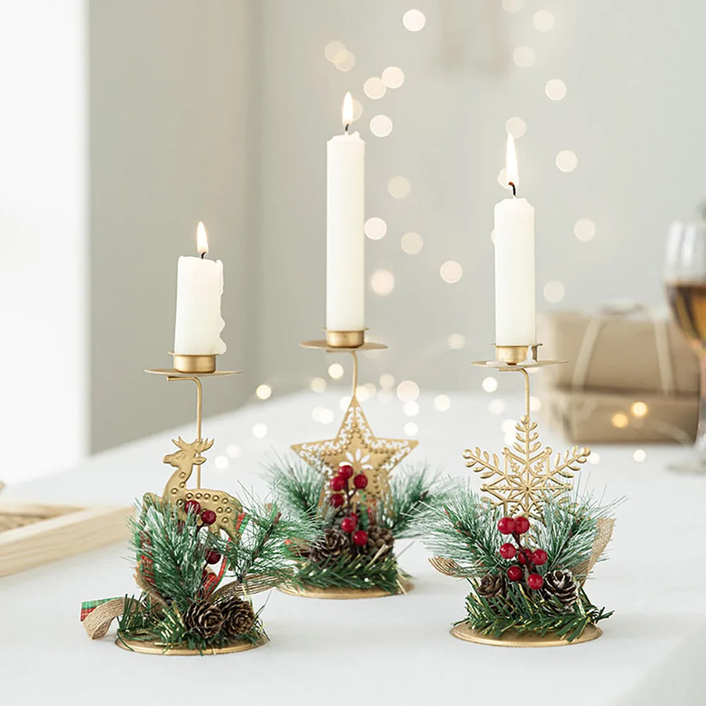 Christmas Candle Holder with Pinecone Berry Candle Wreath Iron Candlestick Xmas Home Table Centerpiece Christmas Decorations