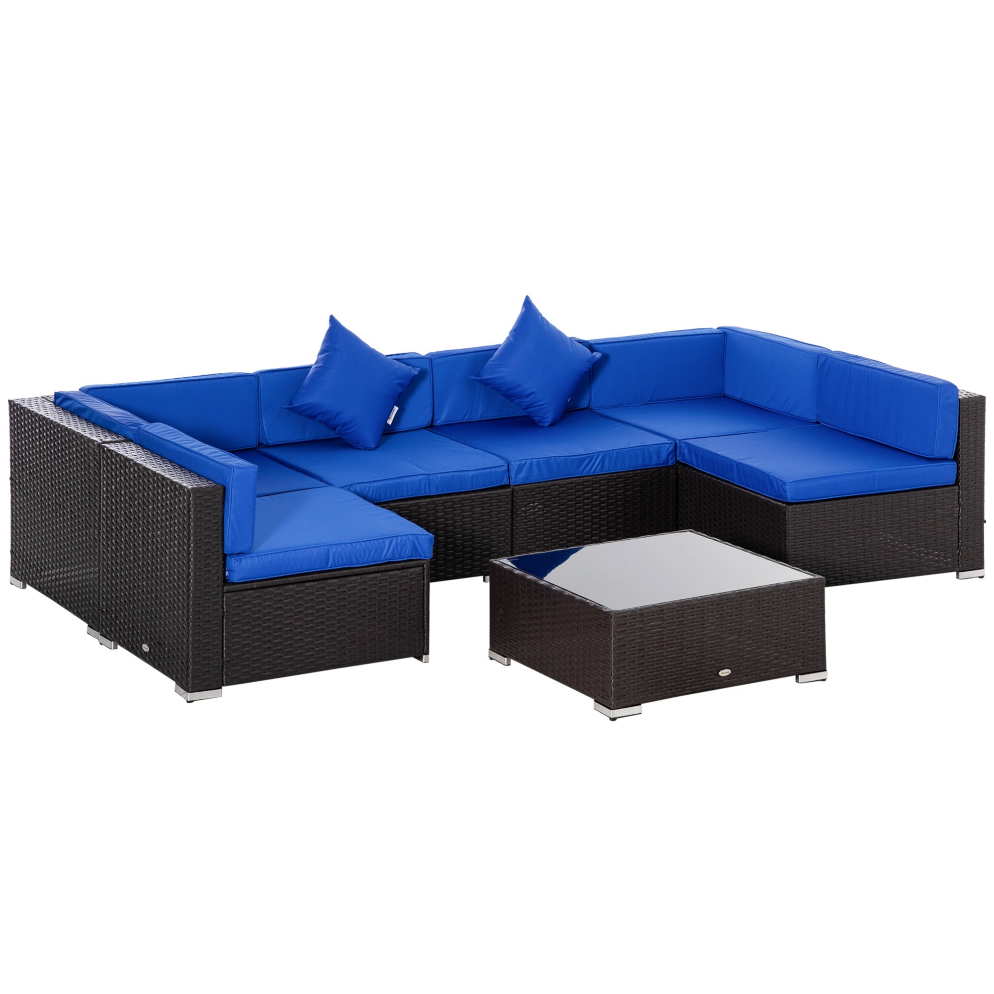 Outsunny 7-Piece Outdoor Sofa Set, Patio Wicker Sectional Sofa with Tempered Glass Coffee Table & Cushions 